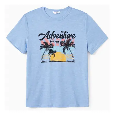 Family Matching Sets Coconut Tree and Sun Pattern Adventure Print Graphic Tee or Twist Knot Side