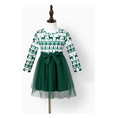 Christmas Family Matching Green Festival Theme Print Tops and Mesh Splicing Dresses Sets