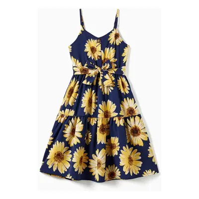 Family Matching Solid Color Tee and Sunflower Pattern Button Belted Flowy Strap Dress Sets