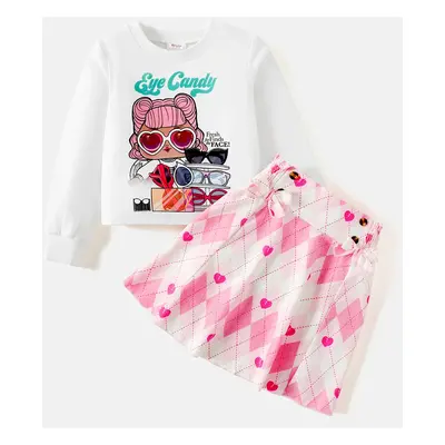 L.O.L. SURPRISE! 2pcs Kid Girl Letter Print Sweatshirt and Plaid/Pink Bow Design Smocked Skirt S