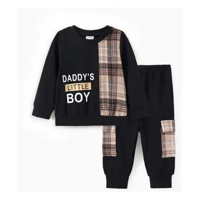 2pcs Baby Boy Cotton Letters Print Plaid Panel Long-sleeve Top and Cargo Pants Set