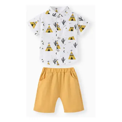 2pcs Baby Boy 95% Cotton Short-sleeve All Over Cactus Print Button Up Shirt and Solid Shorts Set