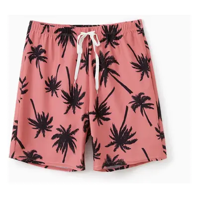 Family Matching All Over Coconut Tree Print Pink Swim Trunks Shorts and Spaghetti Strap One-Piec