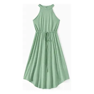 Family Matching Green Halter Neck Sleeveless Drawstring Dresses and Striped Splicing Short-sleev