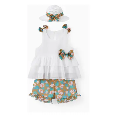 3pcs Toddler Girl Bow Decor Hat & Layered Ruffled Tank Top & Floral Print Shorts Set