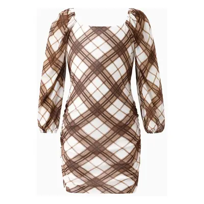 Mommy and Me Chic Long Sleeves Brown Diagonal Plaid Pattern Bodycon Dress