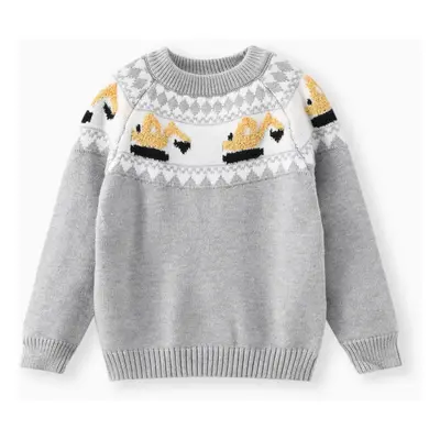 Toddler Boy Playful Vehicle Excavator Pattern Colorblock Sweater