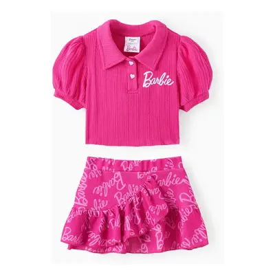 Barbie 2pcs Toddler/Kids Girls Alphabet Print Puff Sleeves Top with Allover Logo Print Skirt Set