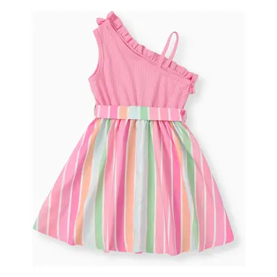 Kid Girl Colorful Striped Belted Ribbed Ruffle Slip Dress