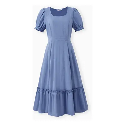 Mommy and Me Blue Cotton Round Neck Bubble Sleeves Ruffle Hem Dresses