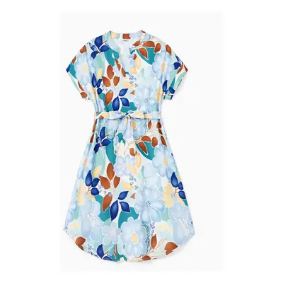 Family Matching Sets Green Color Block Tee or Ruffle Sleeves Belted Blue Floral Dress