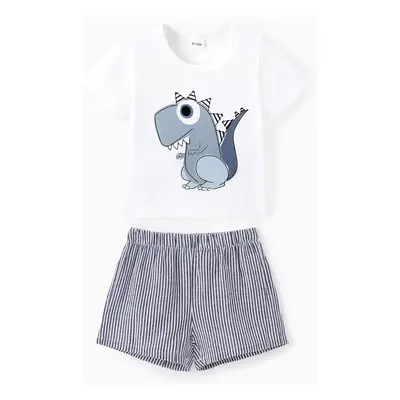 2pcs Baby Boy Cartoon Dinosaur Print Short-sleeve T-shirt and Pinstriped Shorts Set