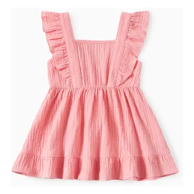 Family Matching Plaid Shirt and Pink Cotton Shirred Back Flutter Strap Dress Sets