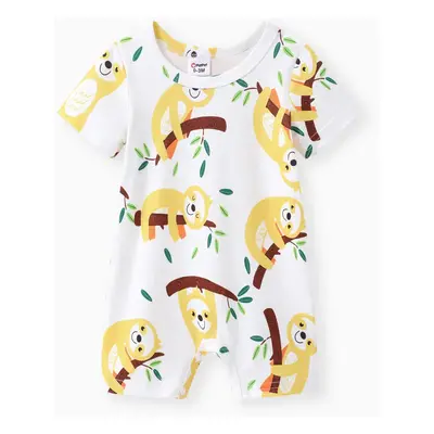 Baby Boy All Over Cartoon Sloth Print Black Short-sleeve Romper