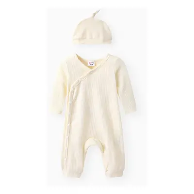 2pcs Baby Boy/Girl Solid Rib Knit Button Front Long-sleeve Jumpsuit with Hat Set