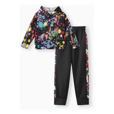 2-piece Kid Boy Painting Print Hoodie and Elasticized Pants Casual Set