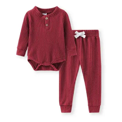 2pcs Solid Waffle Long-sleeve Baby Set