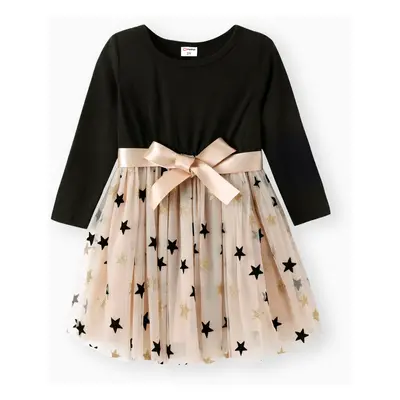 Toddler Girl Stars Glitter Design Mesh Splice Belted Long-sleeve Dress