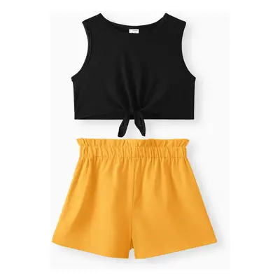 2pcs Kid Girl Tie Knot Sleeveless Tee and Elasticized Paperbag Shorts Set