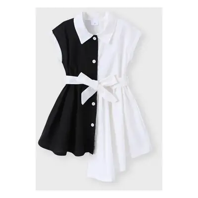 Toddler Girl Lapel Collar Button Design Irregular Hem Black & White Splice Short-sleeve Dress