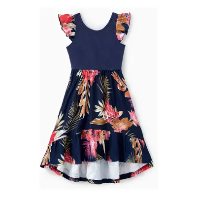 Family Matching Sets Deep Blue Tee or Cross Strap Pink Floral High-Low Ruffle Hem Dress