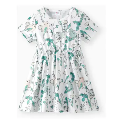 Kid Girl Rabbit Print/Ribbed Short-sleeve Dress