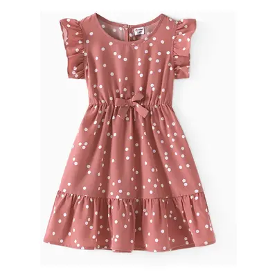 All Over Dots Pink Cross Wrap V Neck Ruffle Flutter-sleeve Dress for Mom and Me