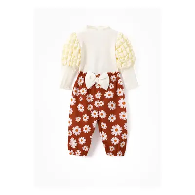 Baby Girl 2pcs Puff-sleeve Sweatshirt and Floral Pants Set