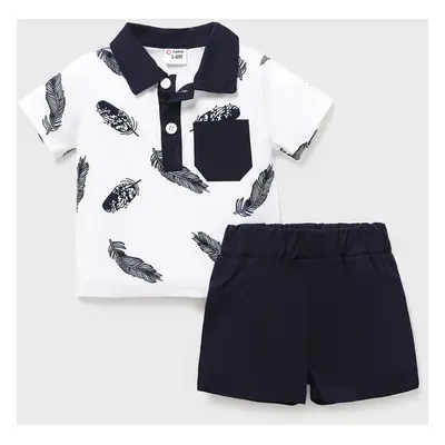 2pcs Baby Boy 100% Cotton Solid Shorts and Allover Feather Print Contrast Collar Short-sleeve Po