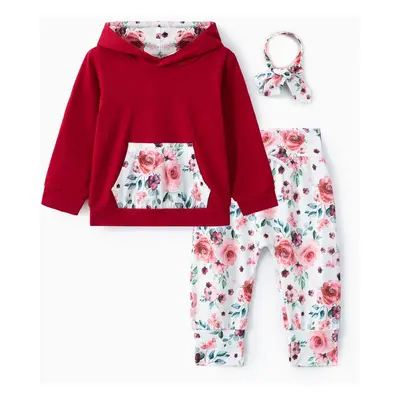 3pcs Baby Girl 95% Cotton Long-sleeve Hoodie and Floral Print Pants with Headband Set