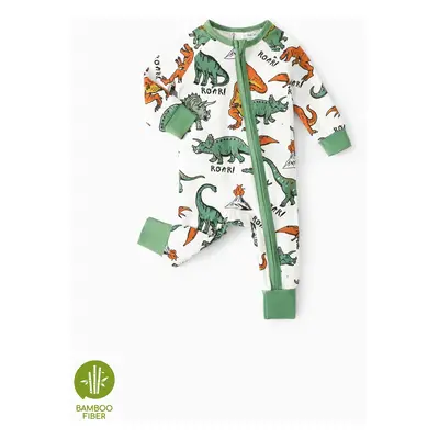 Baby Boy Bamboo Fiber Cute Allover Dinosaur Print Zip-Up Long-Sleeve Jumpsuit