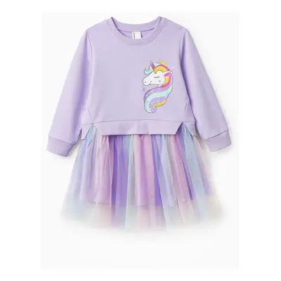 Toddler Girl Sweet Faux-two Unicorn Print Mesh Splice Fairy Dress