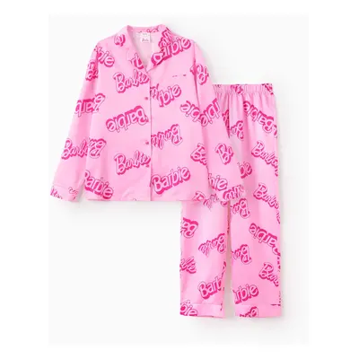 Barbie Mommy And Me 2pcs Logo Full Print Lapel Pajamas Set(Flame Resistant)