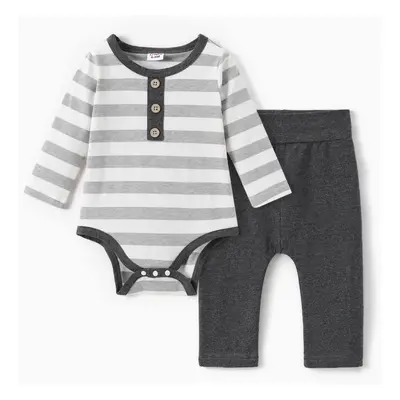 2pcs Baby Boy 100% Cotton Pants and Striped Long-sleeve Romper Set