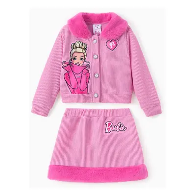 Barbie Clothing Toddler/Kid Girl 2pcs Character Embroidered Pearl Button Plush Edge Jacket And S