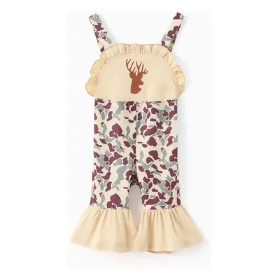 Baby Girl Deer Print Camouflage Ruffled Overalls