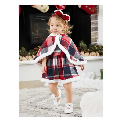 2PCS Baby Girl Grid/Houndstooth Pattern Christmas Sweet Hooded Suit Dress/Cloak