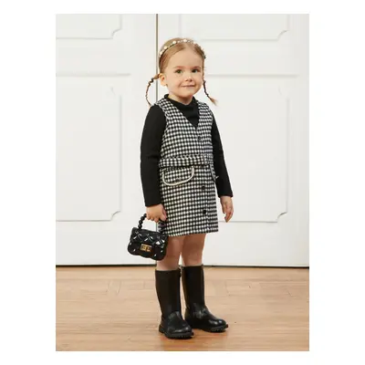 2-piece Toddler Girl Turtleneck Long-sleeve Ribbed Black Sweater and Belted Plaid Tweed Overall 