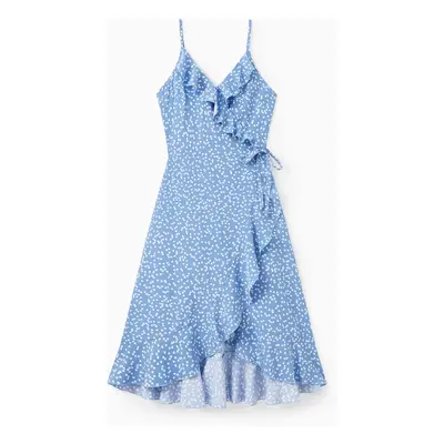 All Over Dots Print Blue Sleeveless Spaghetti Strap V Neck Ruffle Wrap Dress for Mom and Me