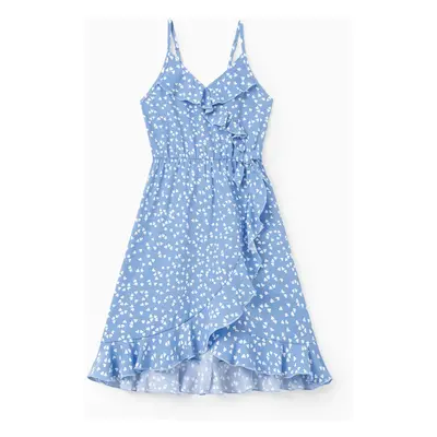 All Over Dots Print Blue Sleeveless Spaghetti Strap V Neck Ruffle Wrap Dress for Mom and Me