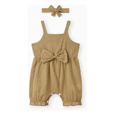 100% Cotton 2pcs Baby Girl Solid Floral Embroidered Sleeveless Spaghetti Strap Bowknot Jumpsuit 