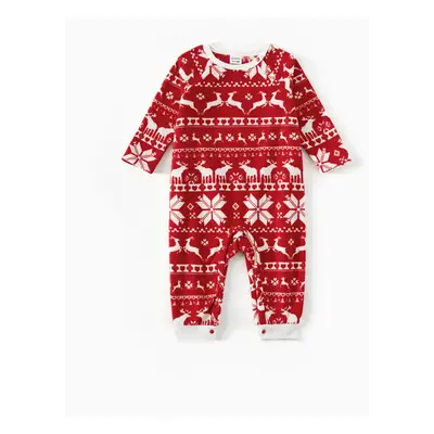 Christmas Family Matching Long-sleeve Allover Deer & Snowflake Print Red Thickened Polar Fleece 