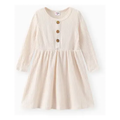 Toddler Girl Solid Color Button Design Ribbed Long-sleeve Dress