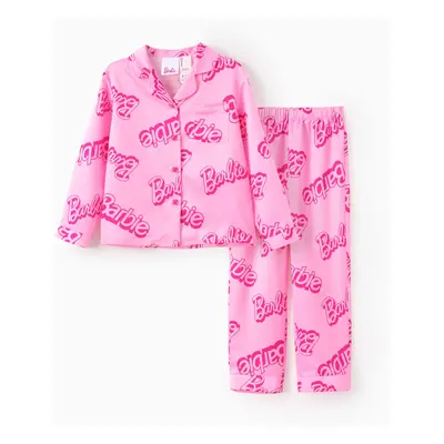 Barbie Mommy And Me 2pcs Logo Full Print Lapel Pajamas Set(Flame Resistant)