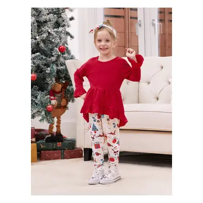 3-piece Toddler Girl Ruffle Hem Long Bell sleeves Red Top, Santa Christmas Tree Print Pants and 