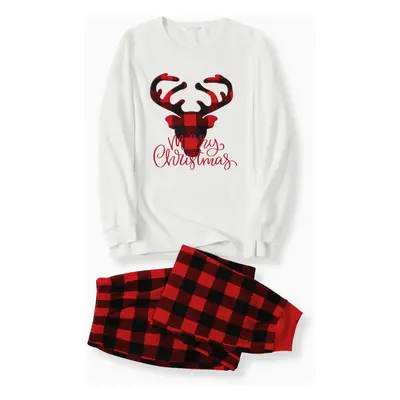 Christmas Family Matching Deer & Letter Embroidered Thickened Polar Fleece Long-sleeve Red Plaid