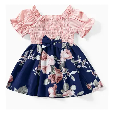 Mommy and Me Shirred Bodice Puff Sleeve Floral Dresses