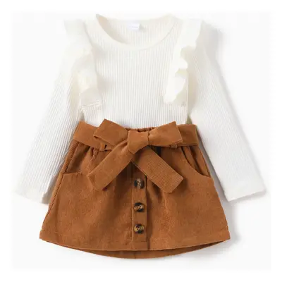 2pcs Toddler Girl Trendy Ruffled Ribbed Tee and Button Design Corduroy Skirt Set