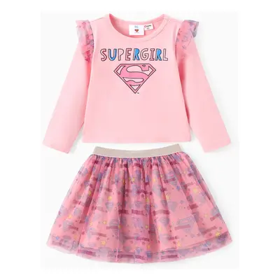 Justice League Toddler Girl 2pcs Cotton Supergirl Ruffled Top And Allover Print Tulle Skirt Set