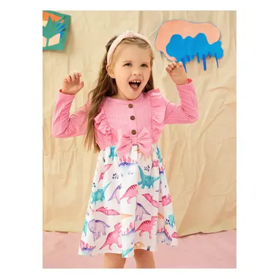 Toddler Girl Dinosaur Print Splice Ruffled Bowknot Design Long-sleeve Dress